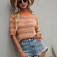 Striped Openwork Half Sleeve Knit Top