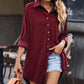Button Front Curved Hem Raglan Sleeve Shirt Dress
