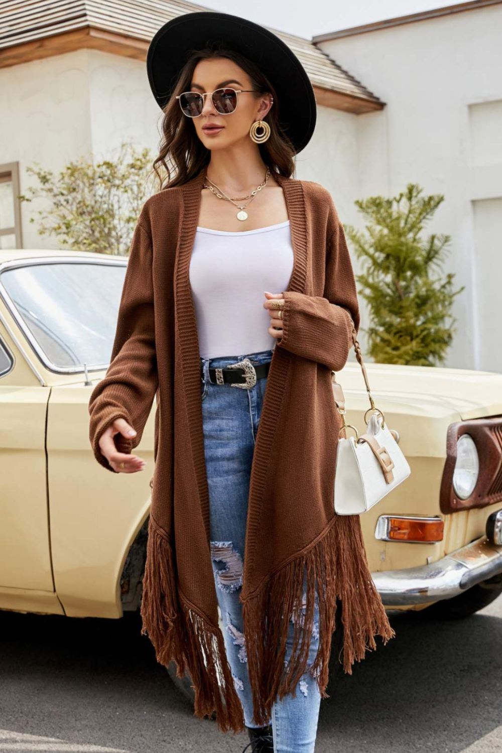 Fringe Hem Open Front Ribbed Trim Cardigan