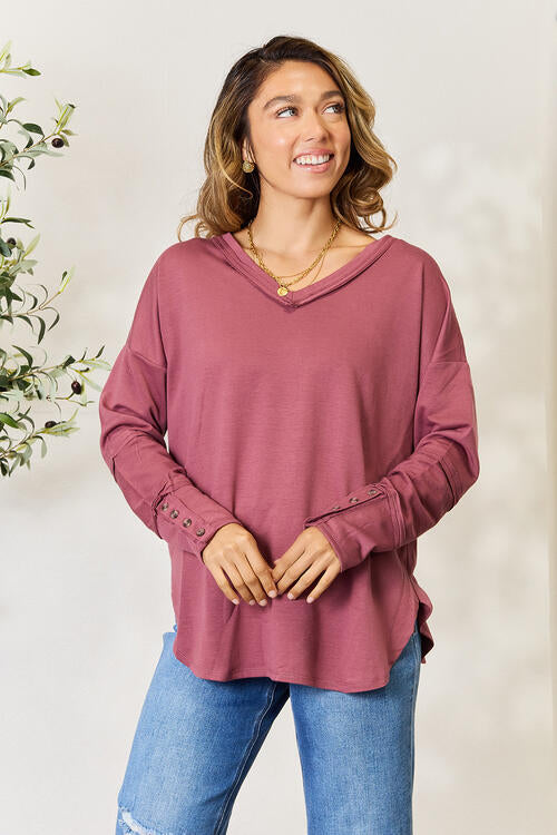 Culture Code Full Size V-Neck Exposed Seam Long Sleeve Blouse