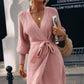 Belted Surplice Lantern Sleeve Wrap Sweater Dress