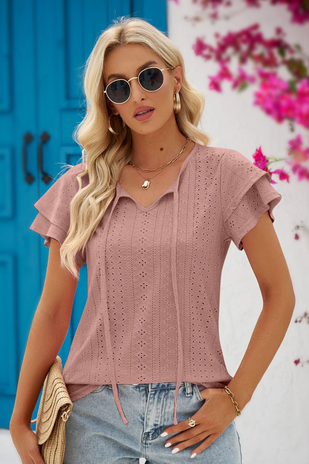 Eyelet Tie-Neck Flutter Sleeve Blouse