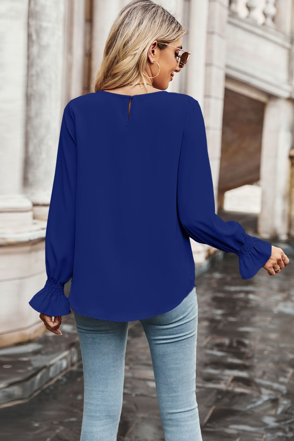 Round Neck Long Flounce Sleeve Blouse