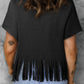 Graphic V-Neck Fringe Hem T-Shirt