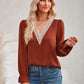 Contrast Trim Flounce Sleeve V-Neck Blouse