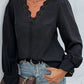 Scalloped Lace Trim Puff Sleeve V-Neck Blouse