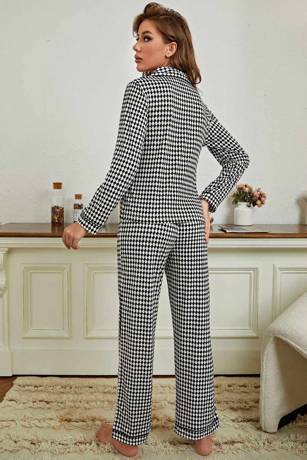 Checkered Button Front Top and Pants Loungewear Set