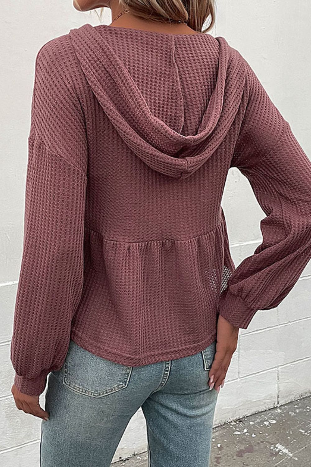 Waffle-Knit Buttoned Drop Shoulder Hoodie