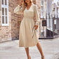 Buttoned V-Neck Flounce Sleeve Midi Dress