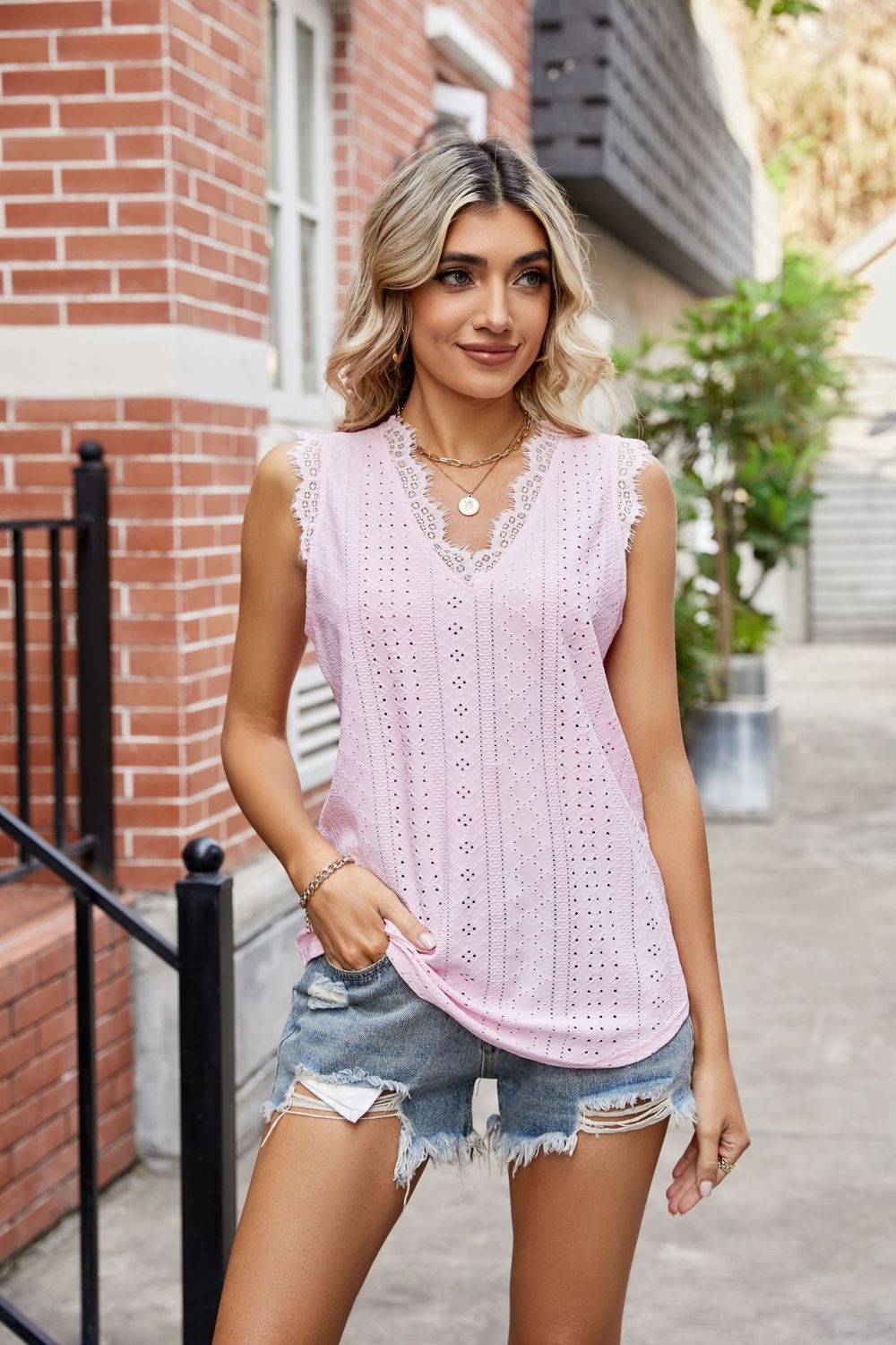 Eyelet Lace Trim Eyelash V-Neck Tank