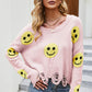 Smiley Face Distressed Round Neck Sweater