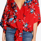 Printed Deep V Tie Hem Blouse