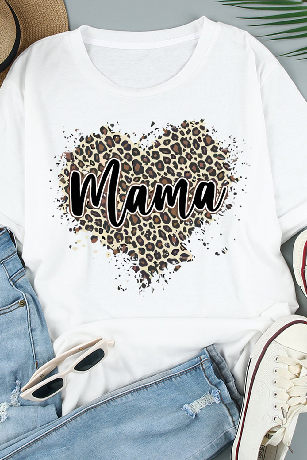 MAMA Leopard Heart Graphic Tee Shirt