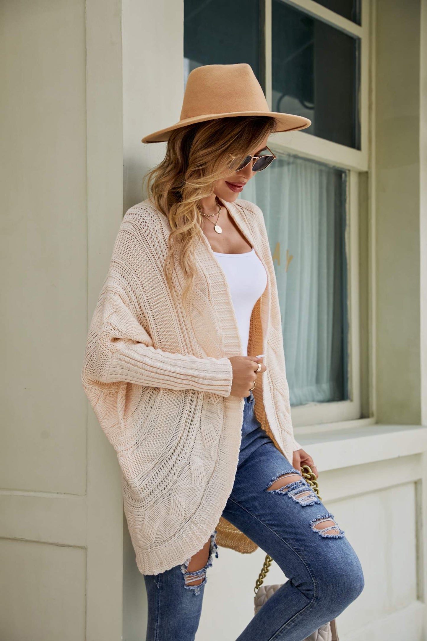 Mixed Knit Open Front Dolman Sleeve Cardigan