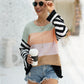 Striped Ribbed Trim Bell Sleeve Sweater