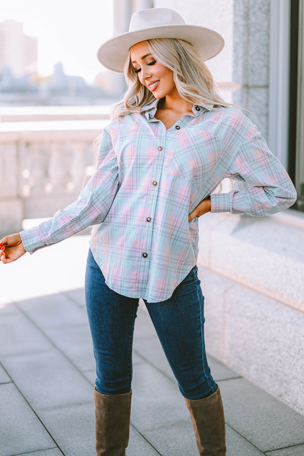 Plaid Button-Up Dropped Shoulder Shirt