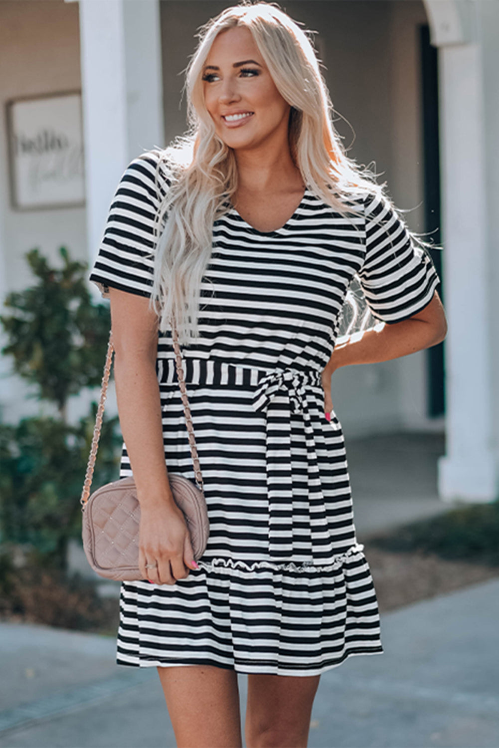 Striped Tie-Waist Frill Trim V-Neck Dress