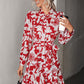Floral Tie Neck Belted Puff Sleeve Dress
