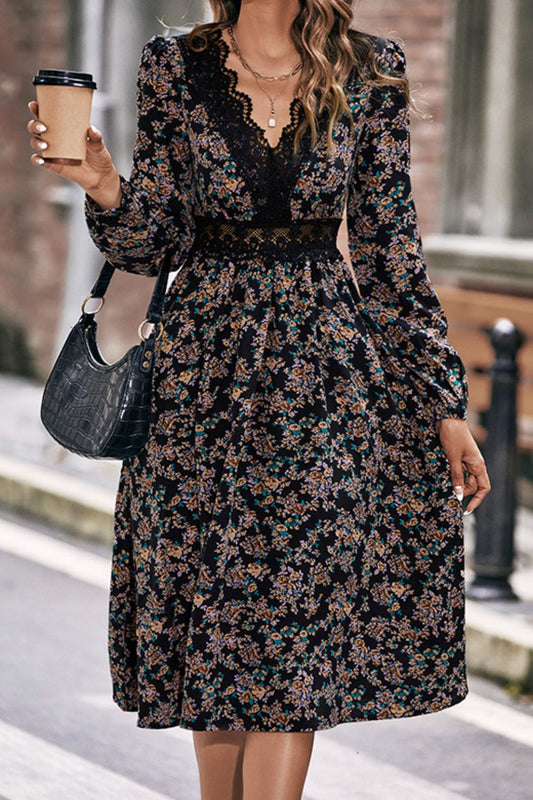 Floral Spliced Lace V-Neck Dress