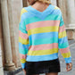 Rainbow Stripe Exposed Seam V-Neck Sweater