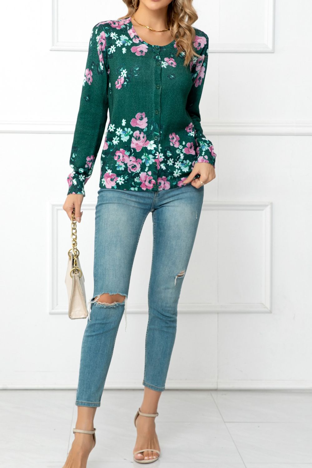 Floral Button Front Round Neck Cardigan