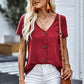 Buttoned V-Neck Short Sleeve Top