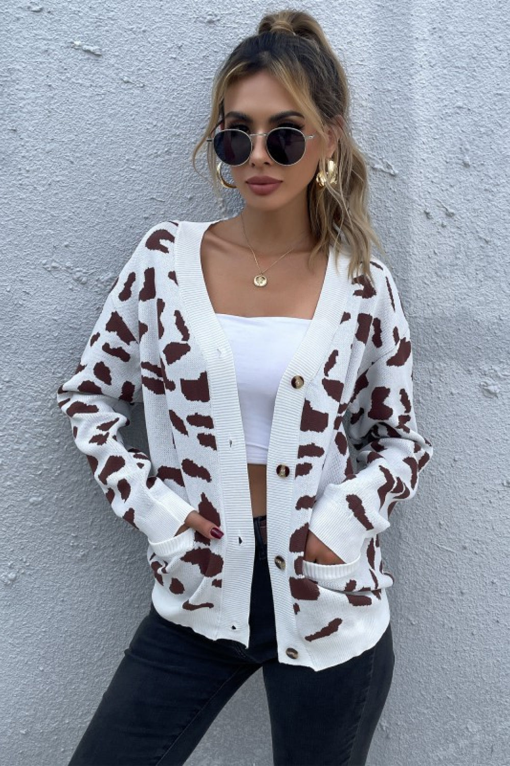 Animal Print Button Front Sweater Cardigan