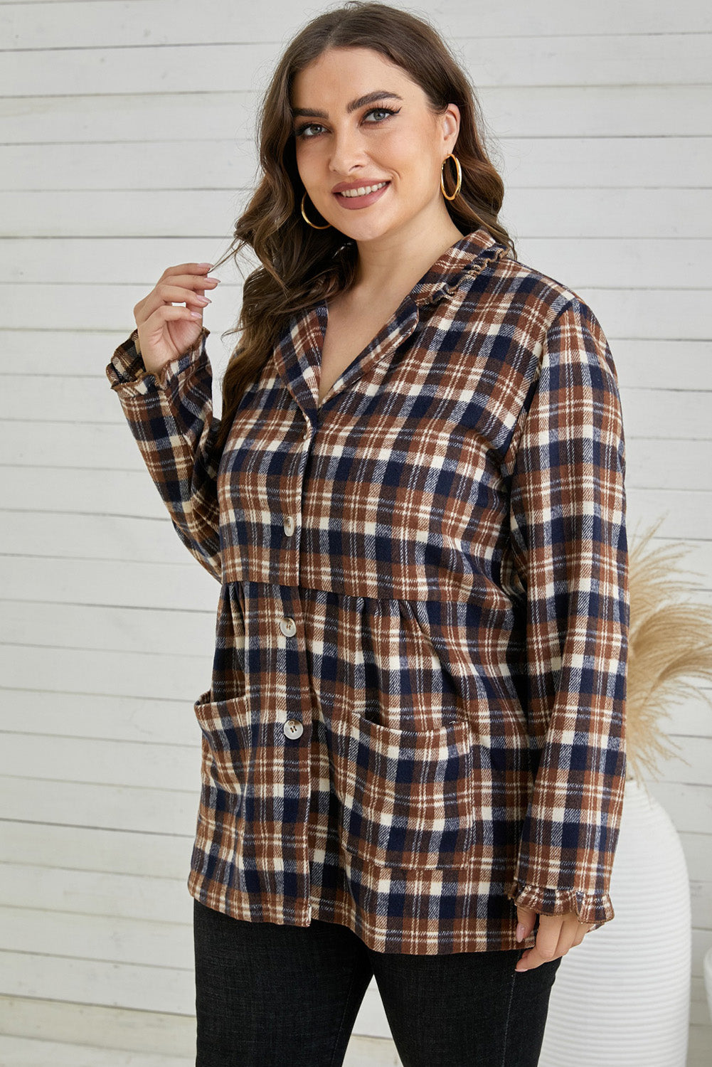 Plus Size Plaid Buttoned Collared Shacket