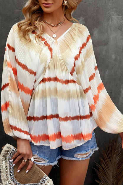 Striped Balloon Sleeve V-Neck Babydoll Blouse