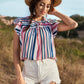 Striped Flutter Sleeve Tied Blouse