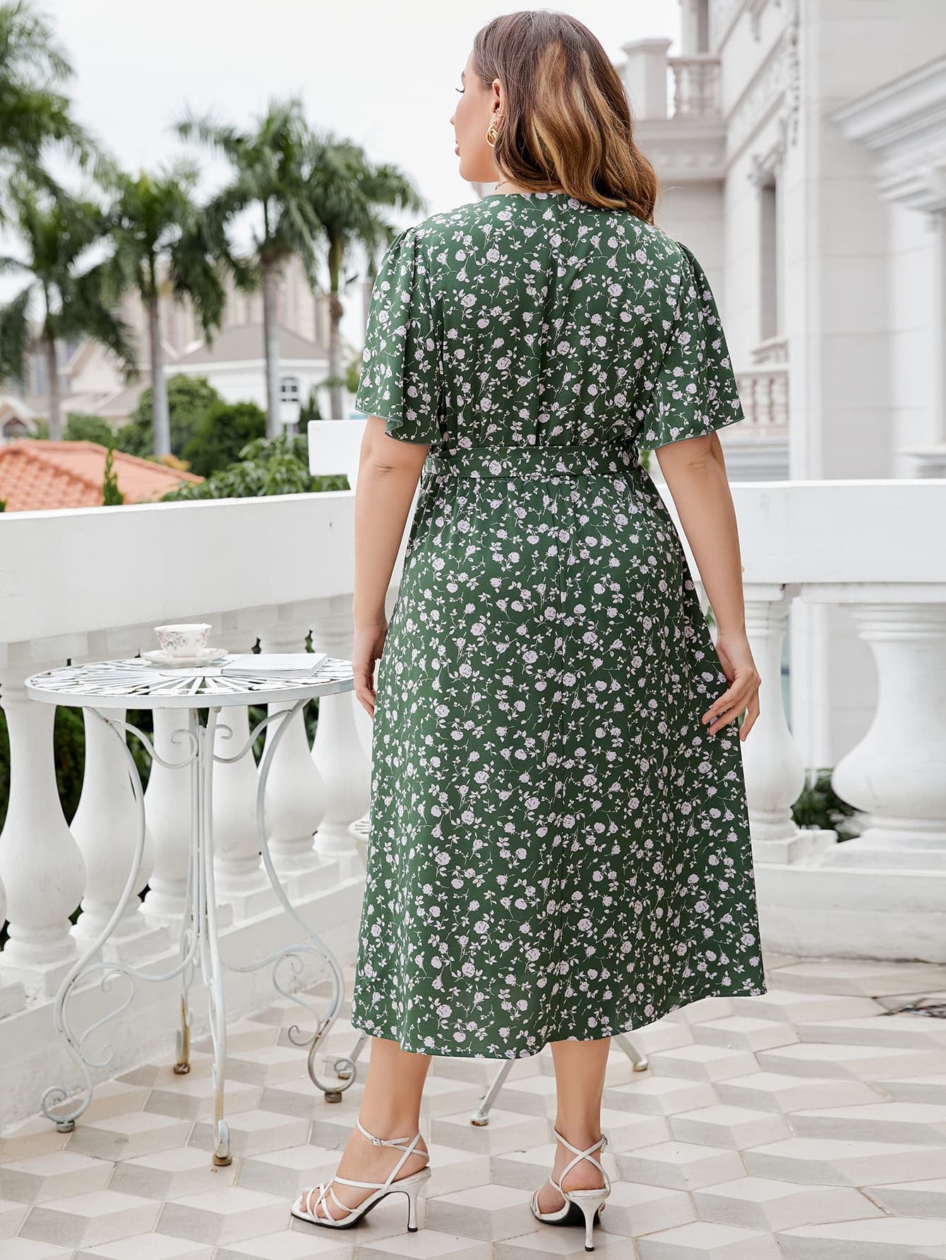 Plus Size Floral Surplice Tie Waist Dress