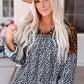 Animal Print Color Block  V-Neck Flounce Sleeve Blouse