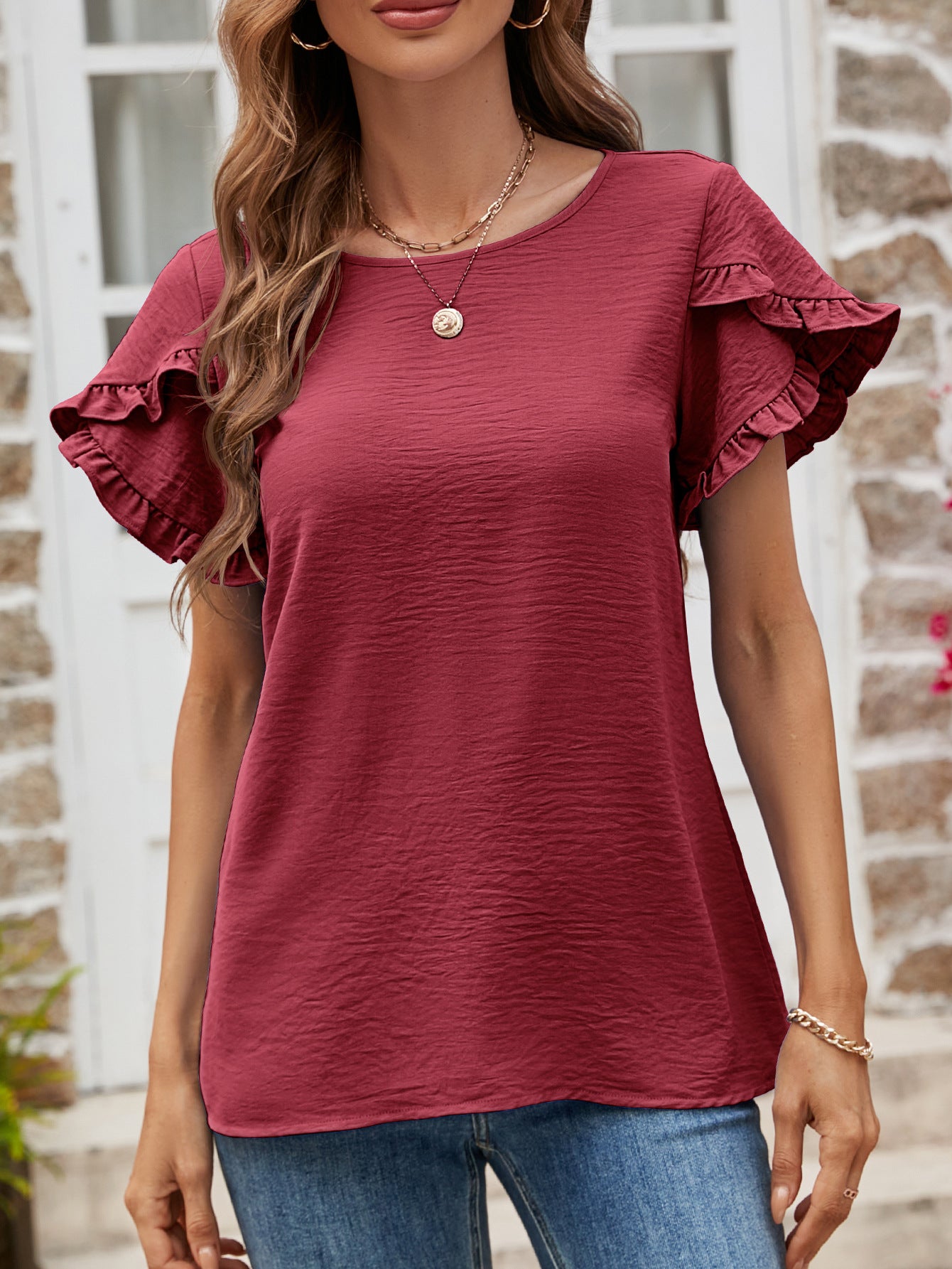 Textured Petal Sleeve Round Neck Tee