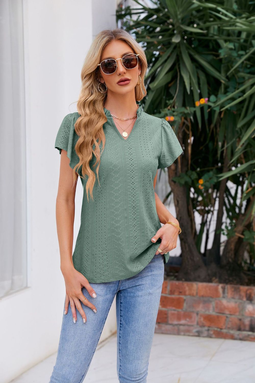 Notched Neck Puff Sleeve Blouse