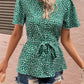 Heart Print Tie Belt Puff Sleeve Blouse