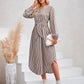 Striped Notched Neck Curved Hem Long Sleeve Dress
