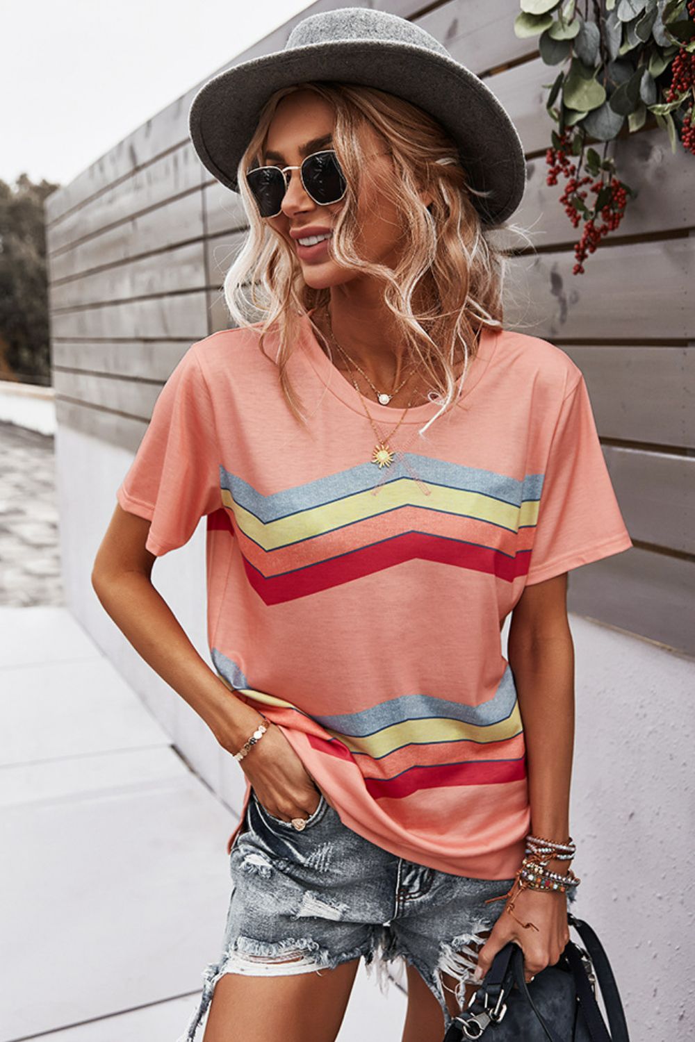 Multicolored Chevron Stripe Round Neck Side Slit T-Shirt