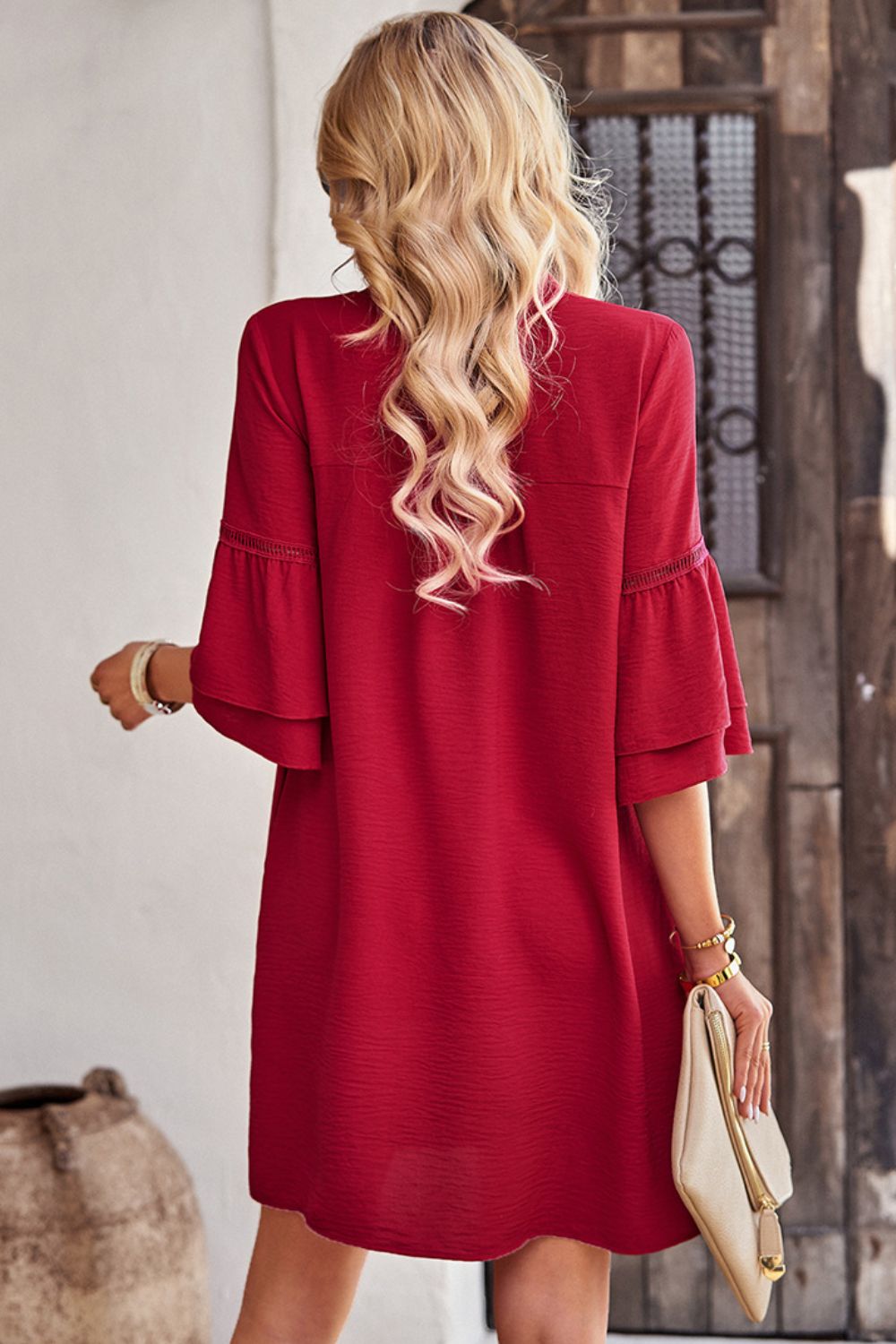 Notched Neck Flare Sleeve Pocket Dress