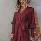 Belted Surplice Lantern Sleeve Wrap Sweater Dress