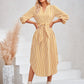 Striped Notched Neck Curved Hem Long Sleeve Dress