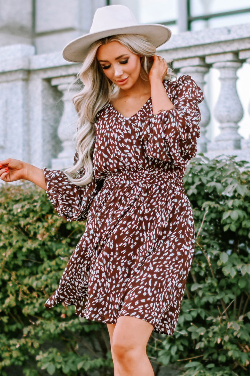 Printed Balloon Sleeve V-Neck Dress