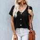 Buttoned V-Neck Short Sleeve Top