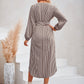 Striped Notched Neck Curved Hem Long Sleeve Dress