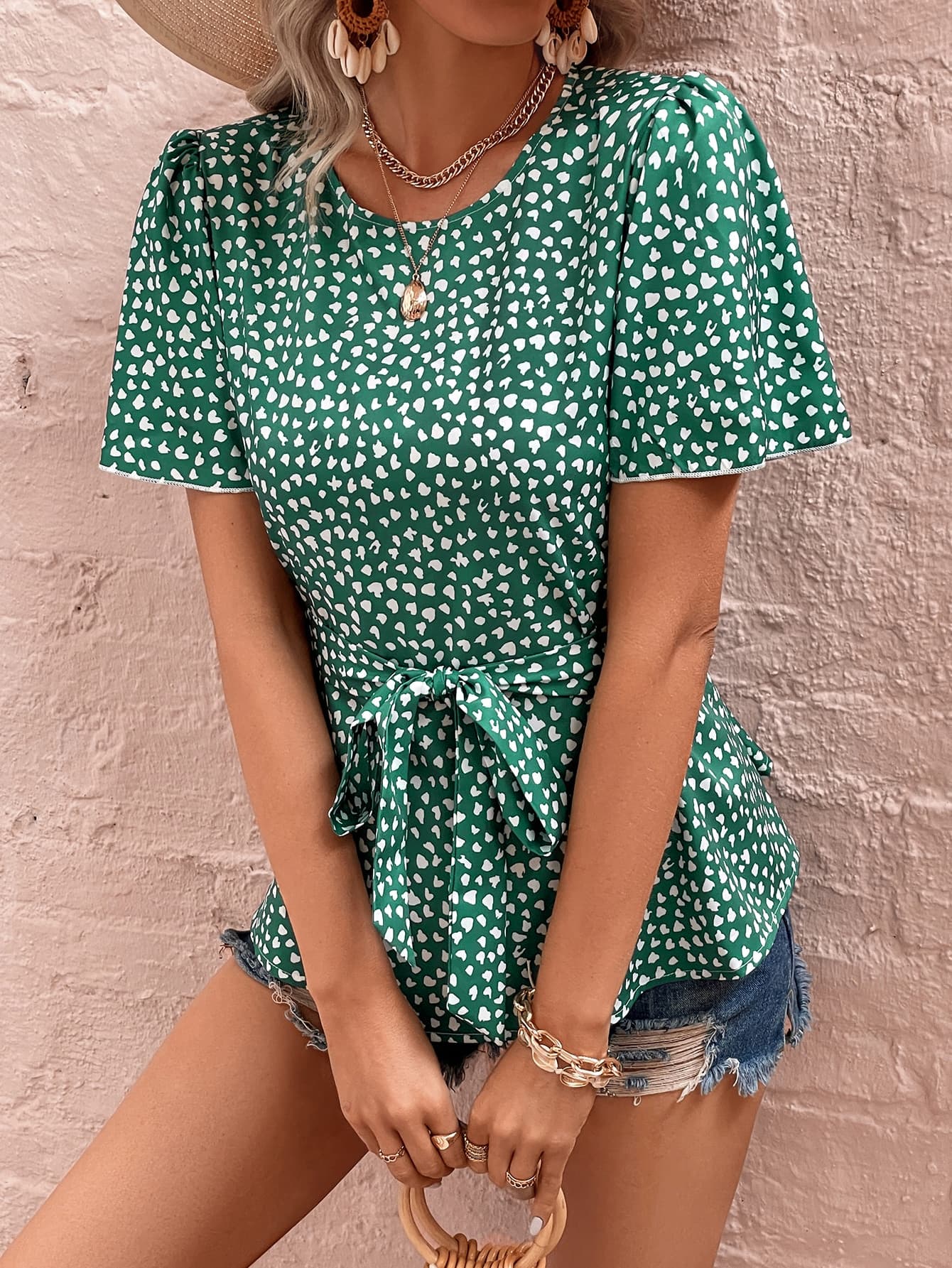 Heart Print Tie Belt Puff Sleeve Blouse