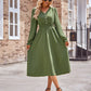 Buttoned V-Neck Flounce Sleeve Midi Dress