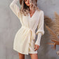 Belted Surplice Lantern Sleeve Wrap Sweater Dress