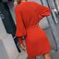 Belted Surplice Lantern Sleeve Wrap Sweater Dress