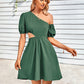 Cutout Asymmetrical Neck Puff Sleeve Dress