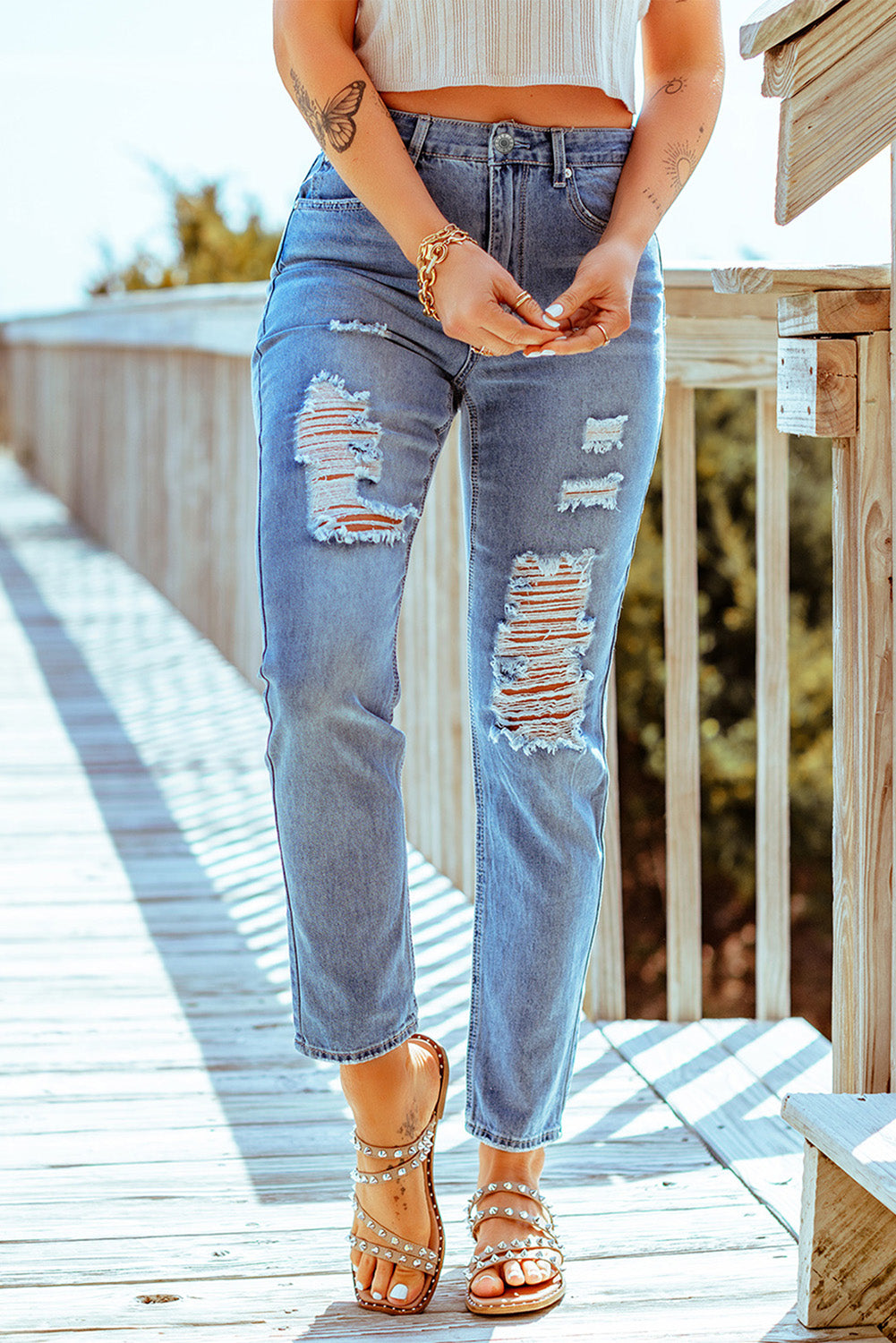 Distressed Ankle-Length Straight Leg Jeans