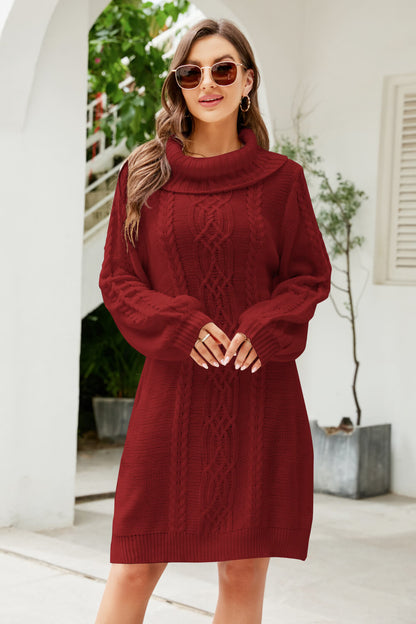 Mixed Knit Turtleneck Lantern Sleeve Sweater Dress